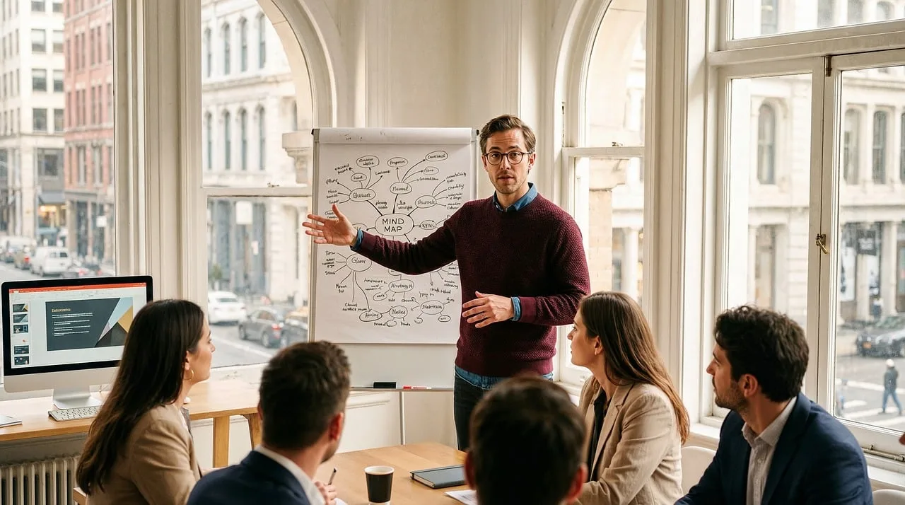 presentation, workshop, strategy, leadership, business, meeting, flipchart, planning, professional, office, brainstorming, teamwork, communication, diagram, explanation, startup, corporate, training, collaboration, career, ai generated
